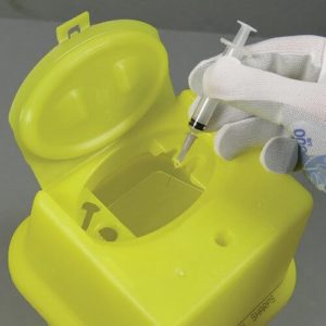 Sharps Disposal Box 1 litre being used