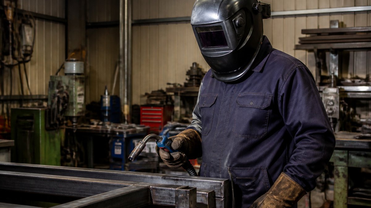 Welder wearing protective gear and a flame-resistant jacket for metal fabrication PPE tasks