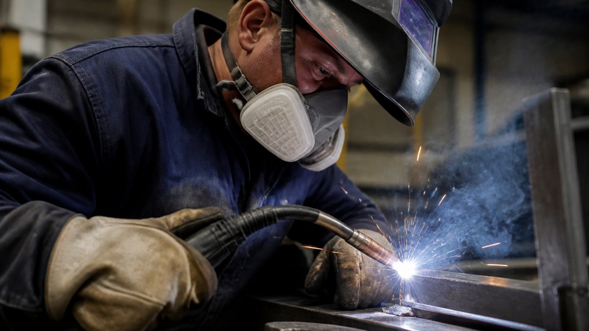 buy respiratory protection for welding a 2026 guide content 1 1791821181 Professional welder wearing a half-mask respirator fitted properly under welding helmet during active welding work, showing clear fit lines and proper positioning