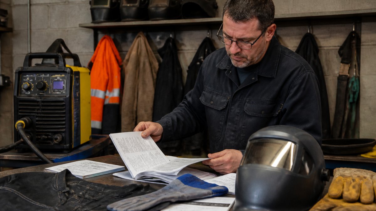engweld alternatives top welding gear suppliers content 1 1791955809 Fabrication shop owner reviewing welding safety documents and equipment as an Engweld alternatives welding solution.