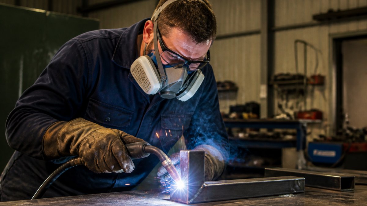 Professional welder wearing a half-mask respirator at a workbench with welding torch and metal workpiece visible, showing proper positioning and fit on the face during active welding