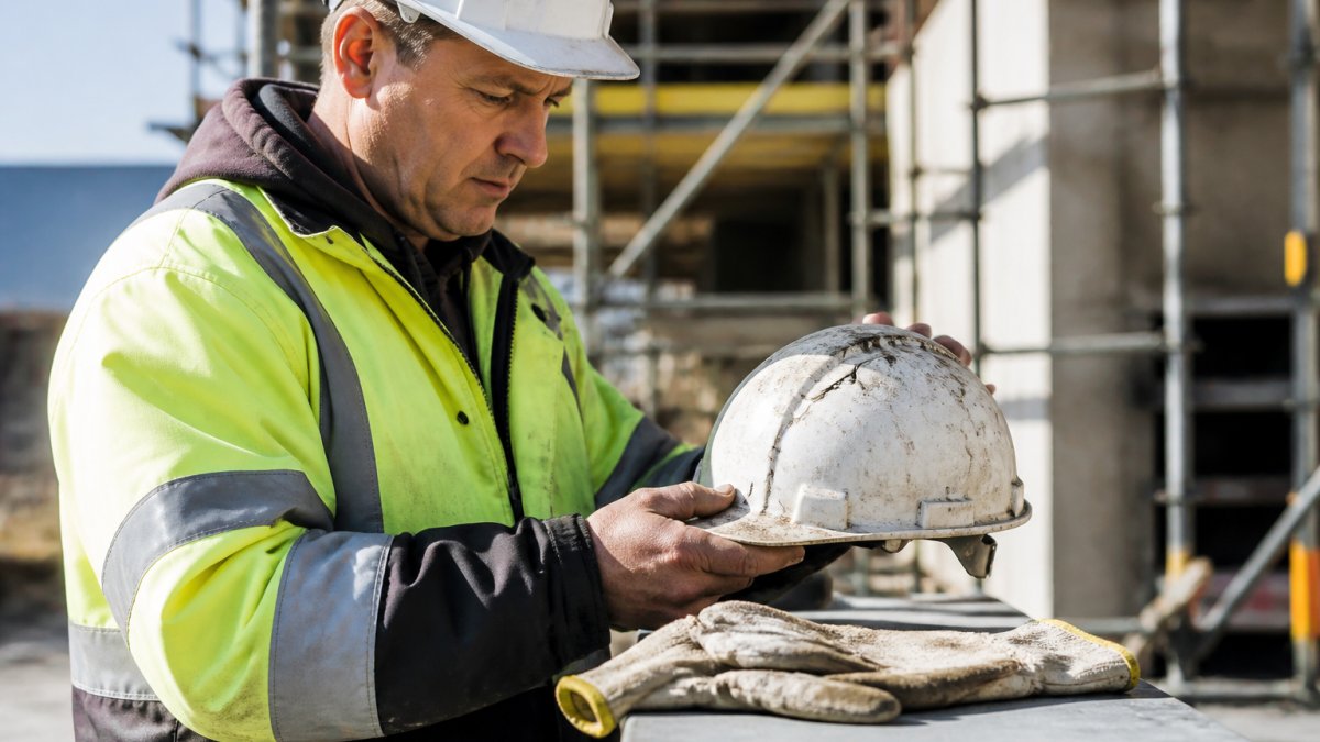 Safety manager in high-visibility jacket and hard hat carefully inspecting a damaged hard hat and safety gloves on a construction site, checking for cracks and wear marks in natural daylight