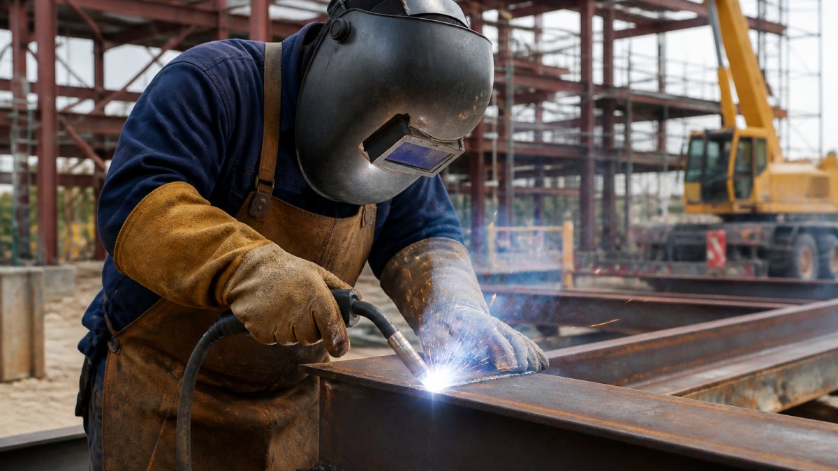 safety gear for construction sites essential equipment guide content 1 1791576184 Construction worker wearing full welding PPE including protective helmet, heavy-duty gloves, and reinforced safety apron on an active construction site with metal framework and equipment visible in background