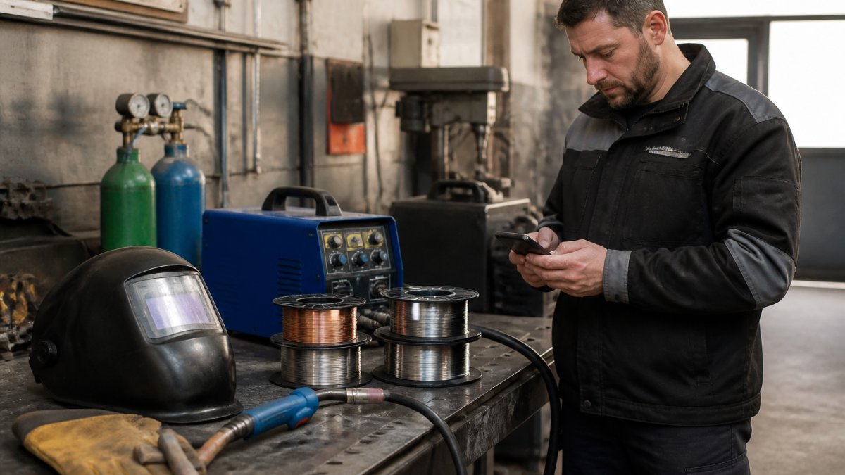 welding supplies uk next day delivery guide content 1 1792123419 Tradesperson checking their phone for welding supplies UK next day delivery in a busy fabrication workshop.